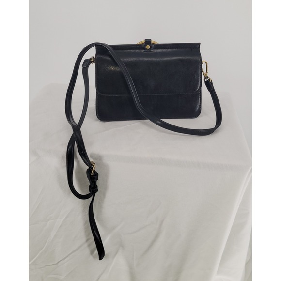 Black Faux Leather Ring Handle Crossbody Bag Floral Lining Triple Compartment - Picture 2 of 7